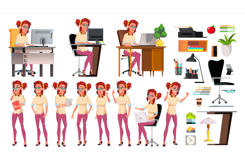 office-worker-vector-woman-poses-set-lifestyle-generator-productivity-successful-officer-clerk-servant-front-side-view-business-woman-worker-face-emotions-gestures-isolated-illustration