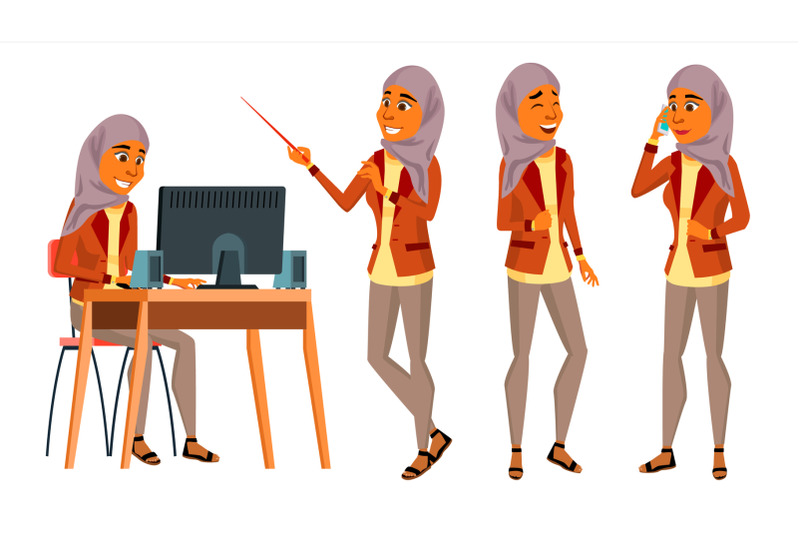 arab-woman-office-worker-vector-woman-set-hijab-islamic-business-human-office-generator-lady-face-emotions-various-gestures-front-side-view-isolated-flat-cartoon-character-illustration