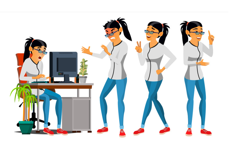 business-woman-character-vector-working-asian-female-it-startup-business-company-environment-process-developer-asiatic-full-length-programmer-software-cartoon-business-character-illustration