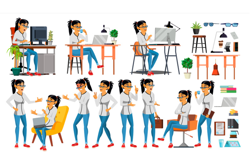 business-woman-character-vector-working-asian-people-girl-set-office-creative-studio-asiatic-business-situation-software-development-programmer-poses-emotions-cartoon-character-illustration