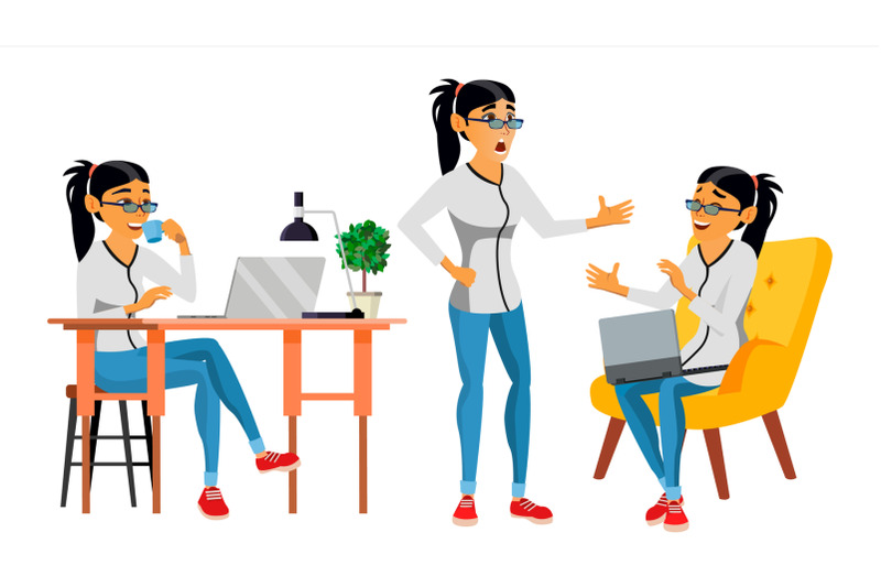 business-woman-character-vector-working-asian-woman-asiatic-environment-process-creative-studio-programmer-designer-code-javascript-cartoon-business-character-illustration