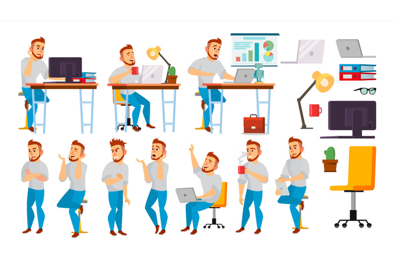 business-character-vector-working-people-set-environment-process-office-creative-studio-full-length-programmer-designer-manager-different-poses-face-emotions-cartoon-character-illustration