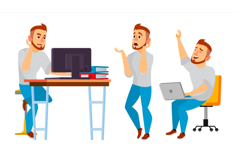 business-character-vector-working-man-environment-process-creative-studio-full-length-designer-manager-poses-face-emotions-gestures-flat-cartoon-illustration