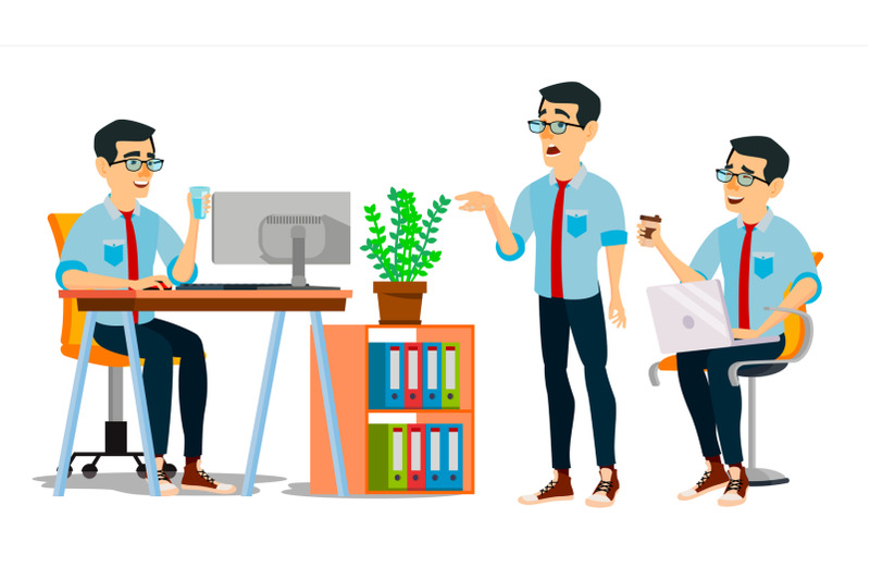 business-man-character-vector-working-asian-man-asiatic-environment-process-creative-studio-web-developer-programming-poses-flat-cartoon-business-illustration