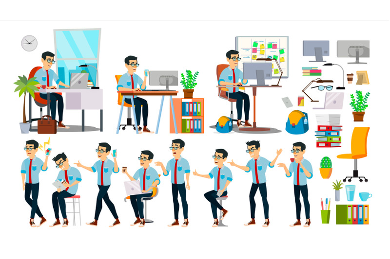 business-man-character-vector-working-asian-people-set-office-creative-studio-asiatic-business-situation-software-development-programmer-poses-emotions-cartoon-character-illustration