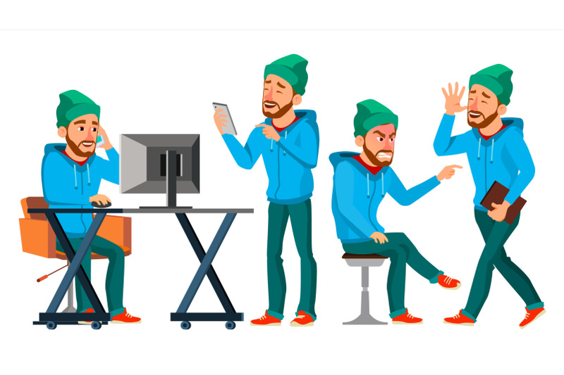 business-man-character-vector-working-male-environment-process-start-up-bearded-worker-freelancer-full-length-programmer-developer-manager-expressions-flat-business-character-illustration