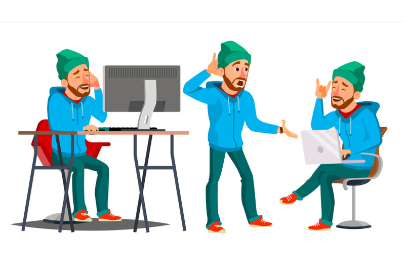 business-man-character-vector-working-man-bearded-environment-process-creative-studio-male-worker-full-length-designer-poses-face-emotions-gestures-cartoon-business-illustration