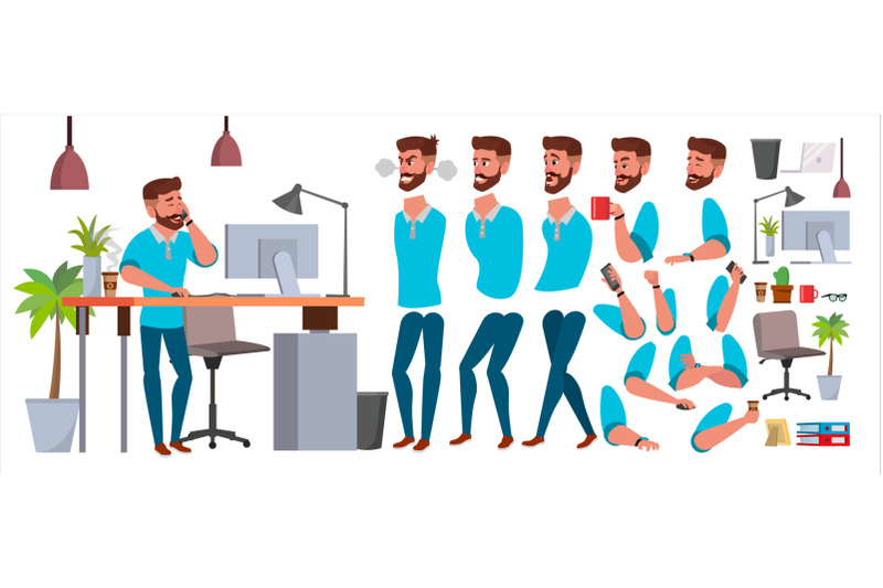 business-man-character-vector-working-male-casual-clothes-start-up-office-creative-studio-animation-set-bearded-salesman-designer-face-emotions-expressions-isolated-cartoon-illustration