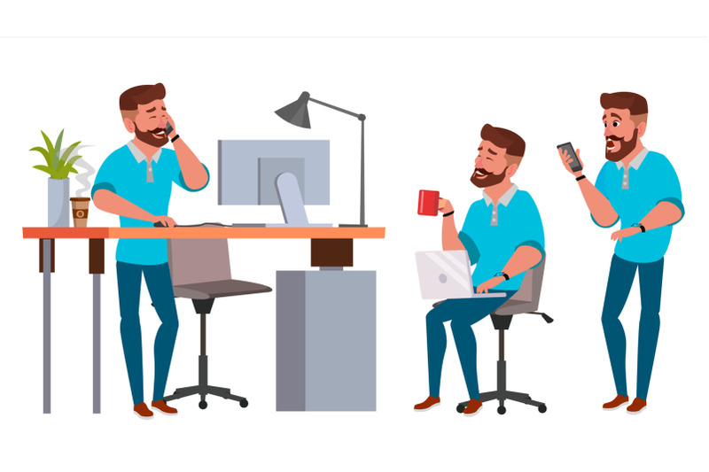 business-man-character-vector-working-man-bearded-environment-process-creative-studio-full-length-designer-manager-poses-face-emotions-gestures-flat-cartoon-business-illustration