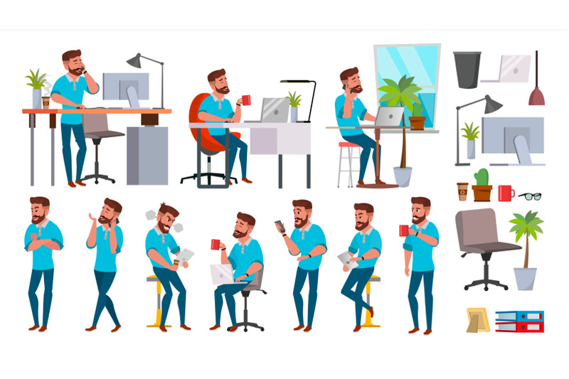 business-man-character-vector-working-people-set-office-creative-studio-bearded-full-length-programmer-designer-manager-different-poses-face-emotions-cartoon-business-character-illustration