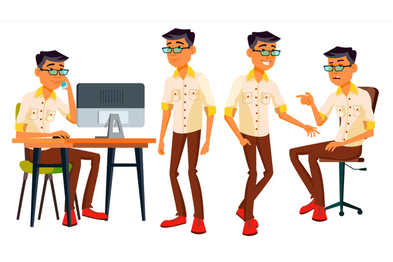 office-worker-vector-thai-vietnamese-facial-emotions-gestures-business-person-poses-animated-elements-career-modern-employee-workman-laborer-isolated-flat-cartoon-character-illustration