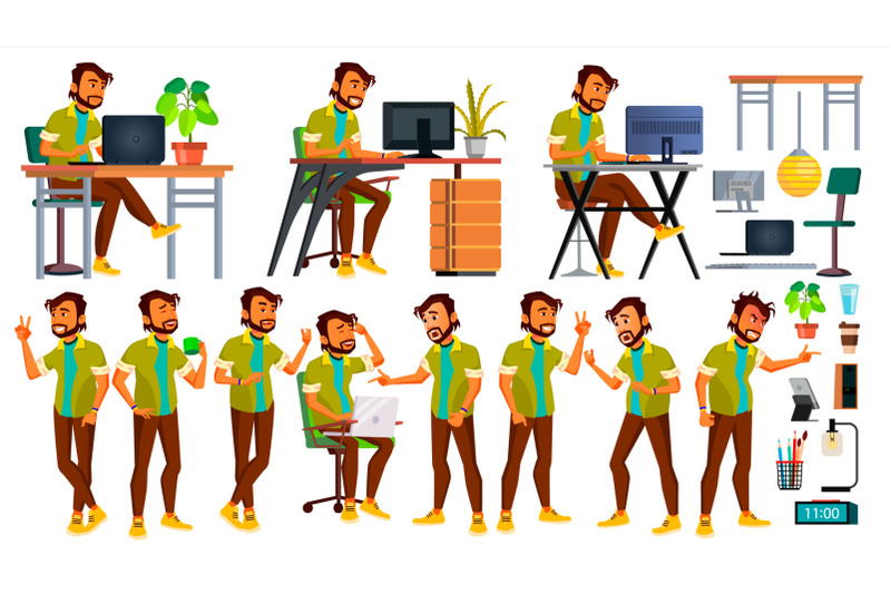 office-worker-vector-indian-emotions-various-gestures-business-human-smiling-manager-servant-workman-officer-poses-flat-character-illustration