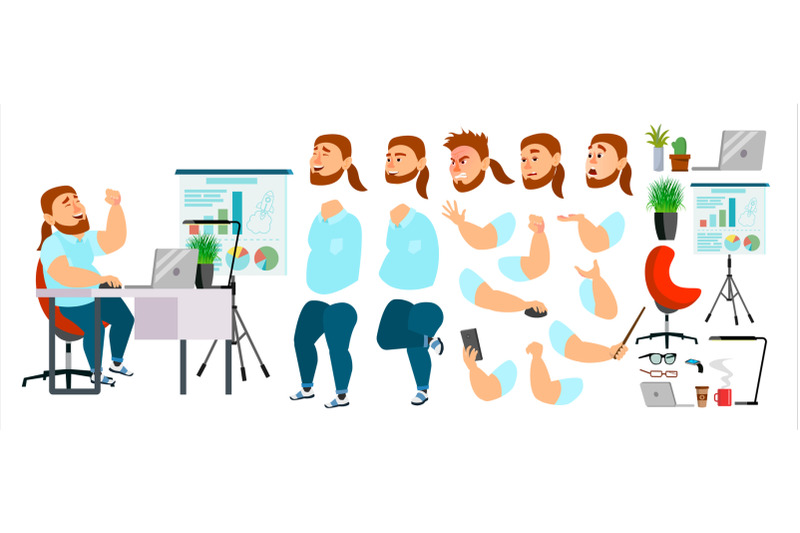 business-man-character-vector-working-male-casual-clothes-start-up-office-meeting-developer-animation-set-fat-bearded-salesman-designer-emotions-expressions-isolated-cartoon-illustration