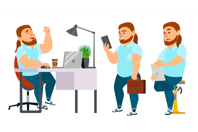 business-man-character-vector-working-man-fat-bearded-environment-process-creative-studio-programming-planning-full-length-designer-manager-poses-flat-cartoon-business-illustration