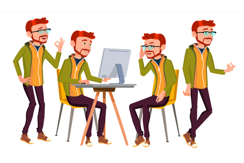 office-worker-vector-businessman-worker-lifestyle-animated-elements-poses-red-head-ginger-front-side-view-happy-job-partner-clerk-servant-employee-isolated-flat-cartoon-illustration