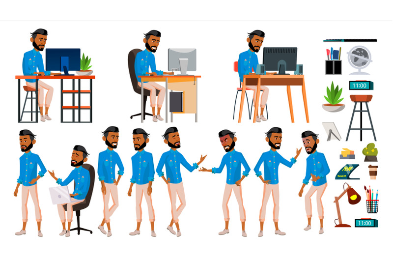 arab-man-set-office-worker-vector-emirates-qatar-uae-muslim-islamic-emotions-gestures-set-lifestyle-arabic-business-person-front-side-view-career-modern-employee-workman-illustration