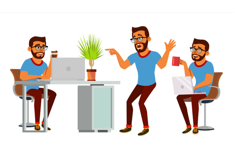 business-man-character-vector-working-hindu-man-bearded-environment-process-creative-studio-web-developer-programming-poses-flat-cartoon-business-illustration