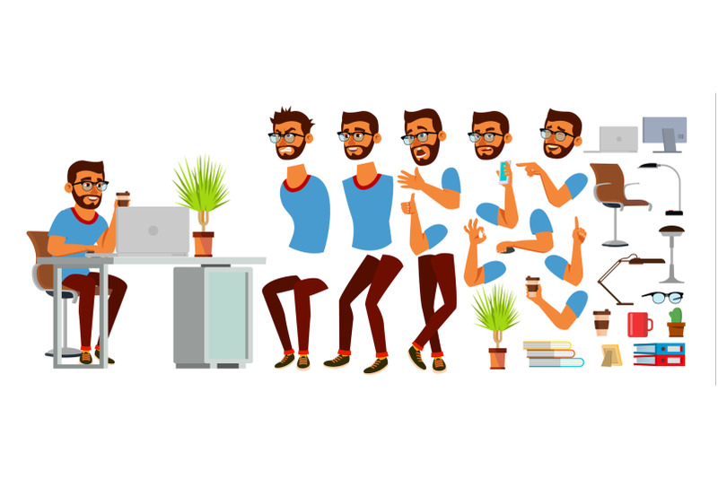 business-man-character-vector-working-hindu-male-business-start-up-modern-office-coding-software-development-programmer-animation-set-bearded-salesman-face-emotions-cartoon-illustration
