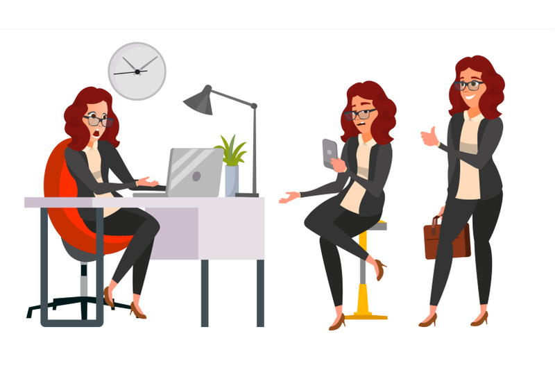business-woman-character-vector-working-girl-environment-process-creative-studio-work-situations-in-action-girl-boss-programming-planning-designer-manager-poses-business-illustration