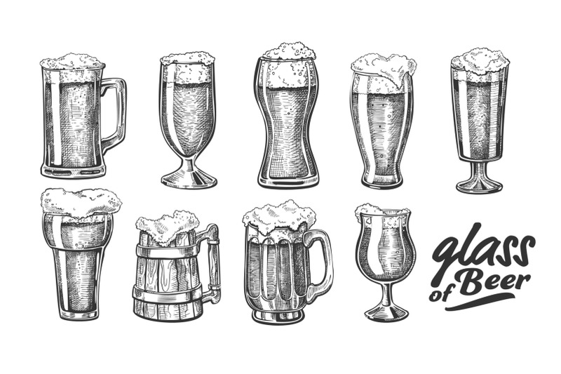 hand-drawn-glass-with-foam-bubble-beer-set-vector
