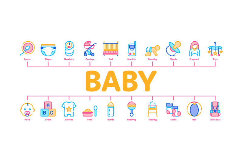 baby-clothes-and-tools-minimal-infographic-banner-vector
