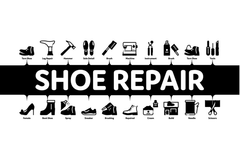 shoe-repair-equipment-minimal-infographic-banner-vector
