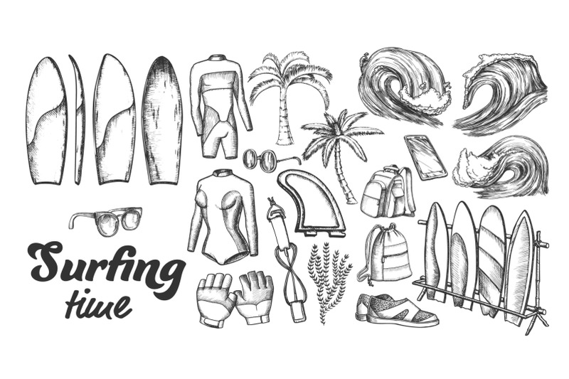 surfing-time-collection-elements-ink-set-vector