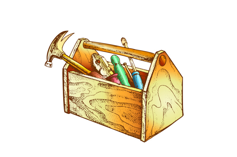 color-vintage-wooden-toolbox-with-old-instrument-vector