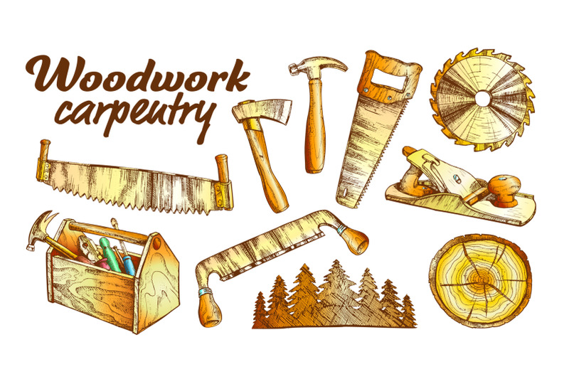 color-woodwork-carpentry-collection-equipment-set-vector