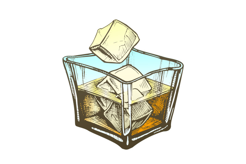 color-square-glass-with-rum-brandy-and-ice-cubes-vector