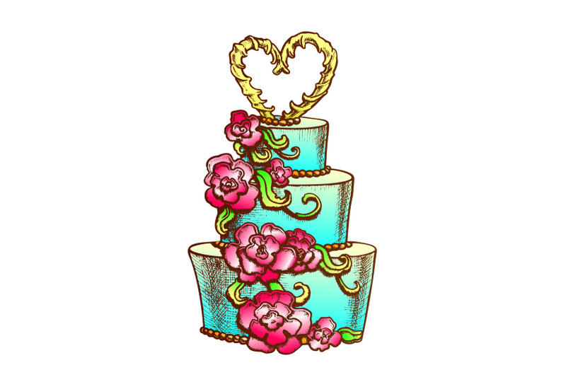 cake-decorated-flowers-and-heart-on-top-ink-vector