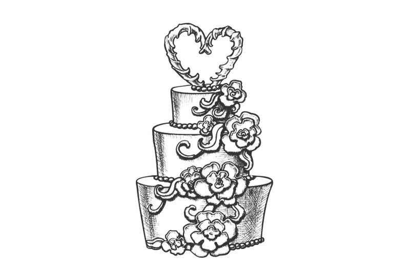 cake-decorated-flowers-and-heart-on-top-ink-vector