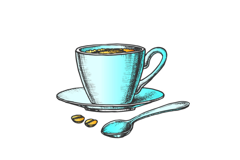 coffee-cup-on-saucer-with-spoon-color-vector