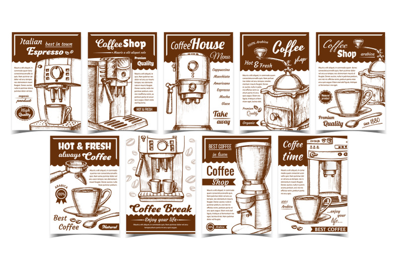 coffee-machine-holder-and-cup-posters-set-vector