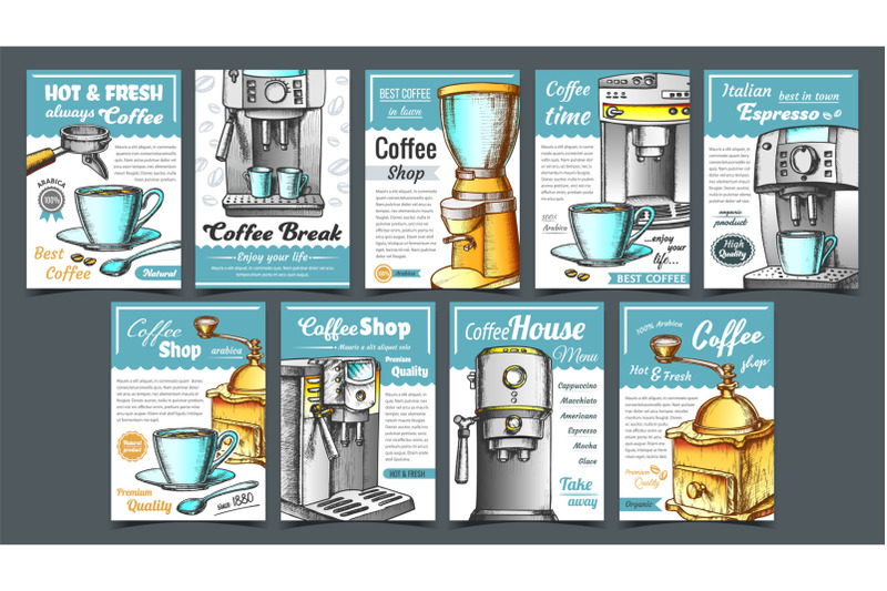 coffee-machine-holder-and-cup-posters-set-vector