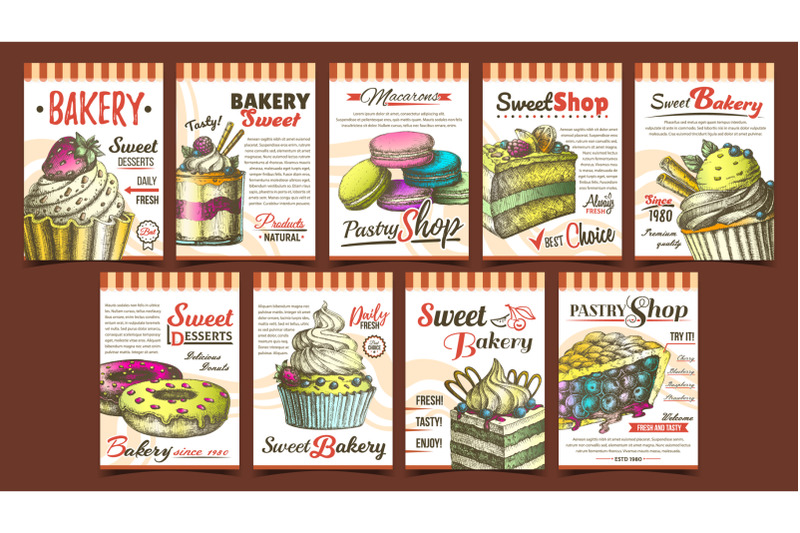 bakery-pastry-shop-advertising-banners-set-vector