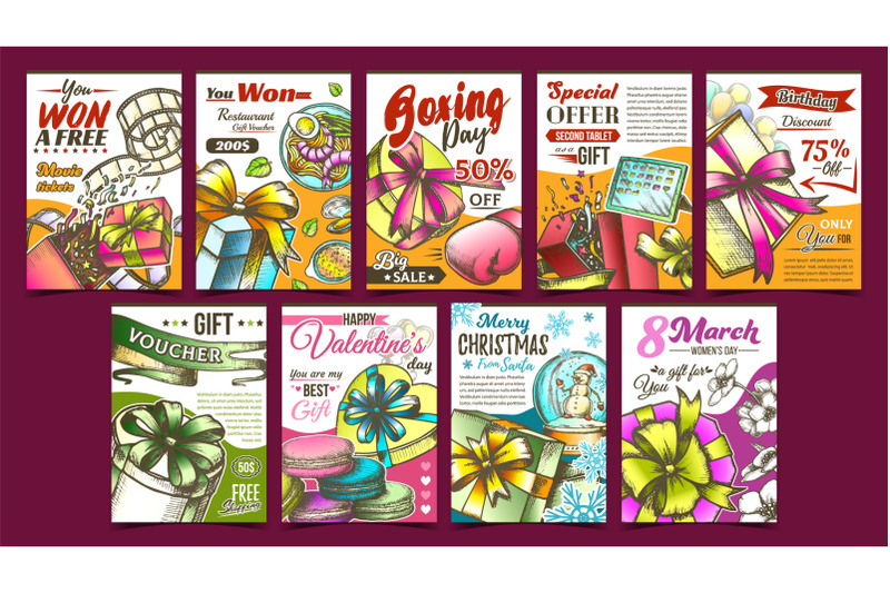 gift-box-collection-advertising-posters-set-vector