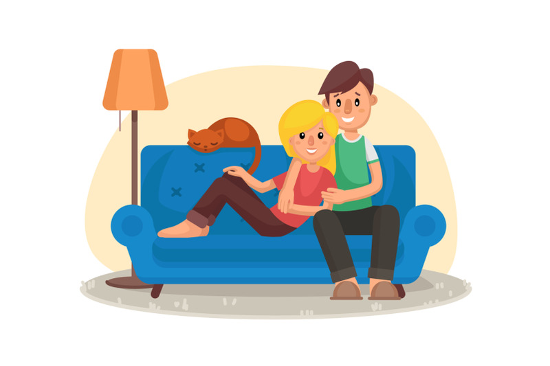 home-cinema-vector-home-room-with-tv-screen-using-television-together-online-home-movie-cartoon-character-illustration