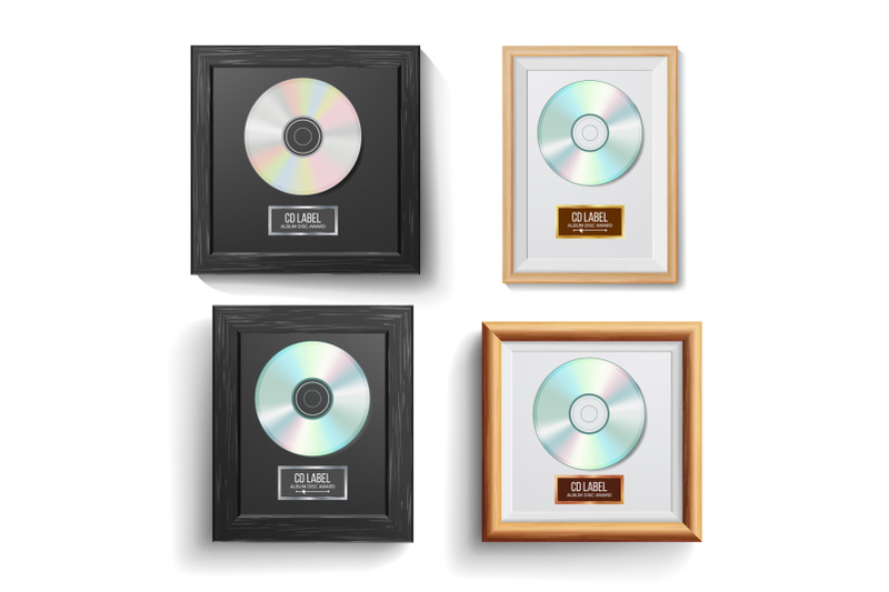 cd-disc-award-set-vector-modern-ceremony-best-seller-musical-trophy-realistic-frame-album-disc-brick-wall-illustration