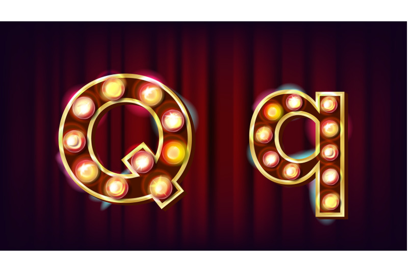 q-letter-vector-capital-lowercase-font-marquee-light-sign-retro-shine-lamp-bulb-alphabet-3d-electric-glowing-digit-vintage-gold-illuminated-light-carnival-circus-casino-style-illustration