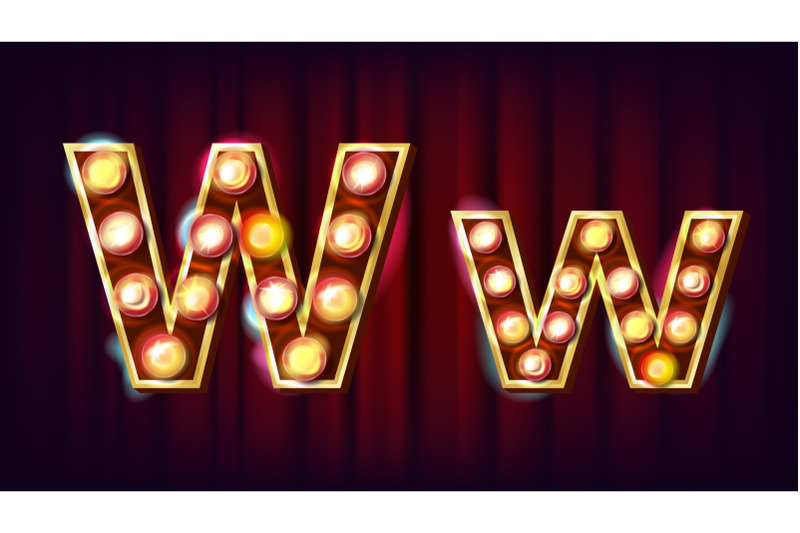 w-letter-vector-capital-lowercase-font-marquee-light-sign-retro-shine-lamp-bulb-alphabet-3d-electric-glowing-digit-vintage-gold-illuminated-light-carnival-circus-casino-style-illustration