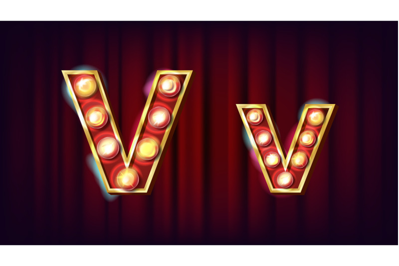 v-letter-vector-capital-lowercase-font-marquee-light-sign-retro-shine-lamp-bulb-alphabet-3d-electric-glowing-digit-vintage-gold-illuminated-light-carnival-circus-casino-style-illustration