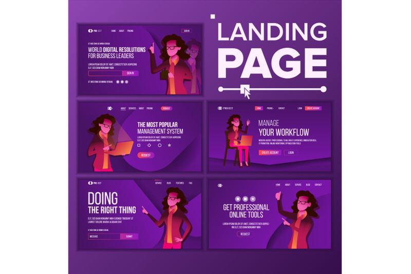 landing-page-set-vector-woman-workflow-management-business-coworking-office-investment-webpage-developer-interface-main-website-page-design-consumerism-template-illustration
