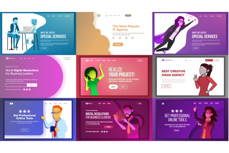 main-web-page-set-design-vector-website-business-reality-landing-template-creative-project-information-tools-financial-mining-partner-option-illustration