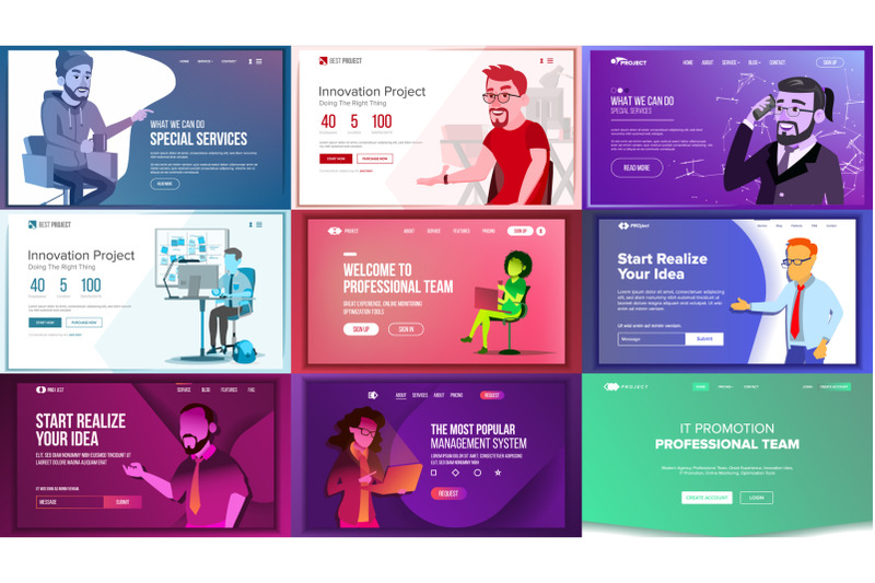 main-web-page-set-design-vector-website-business-graphic-landing-template-future-energy-project-card-credit-business-coworking-increase-experience-illustration