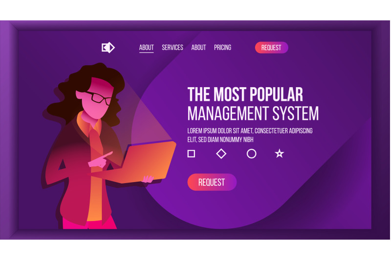 management-system-landing-page-vector-store-woma-with-laptop-business-processes-main-website-page-design-consumerism-template-illustration