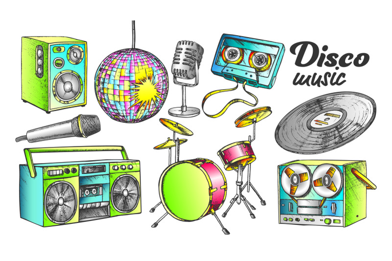 disco-music-color-elements-ink-set-vector