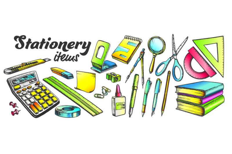 school-and-office-stationery-items-color-set-vector