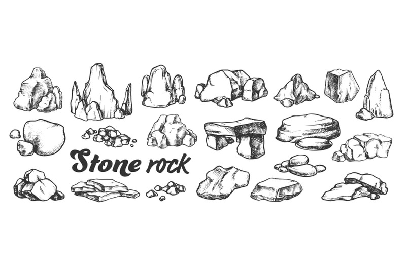 stone-rock-gravel-collection-monochrome-set-vector