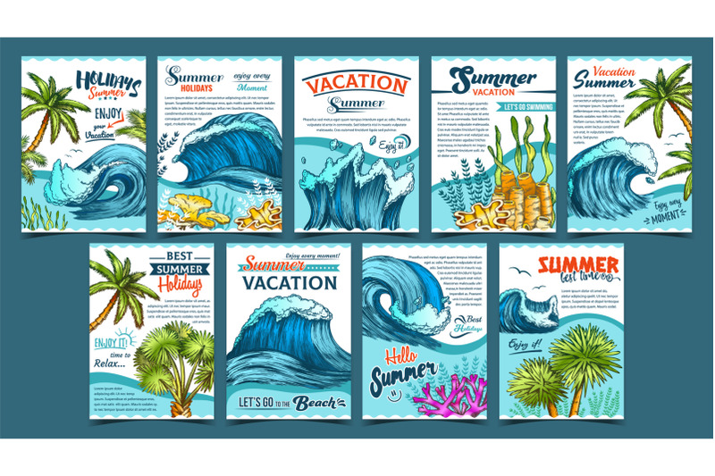 wave-palm-trees-and-seaweeds-banner-set-vector